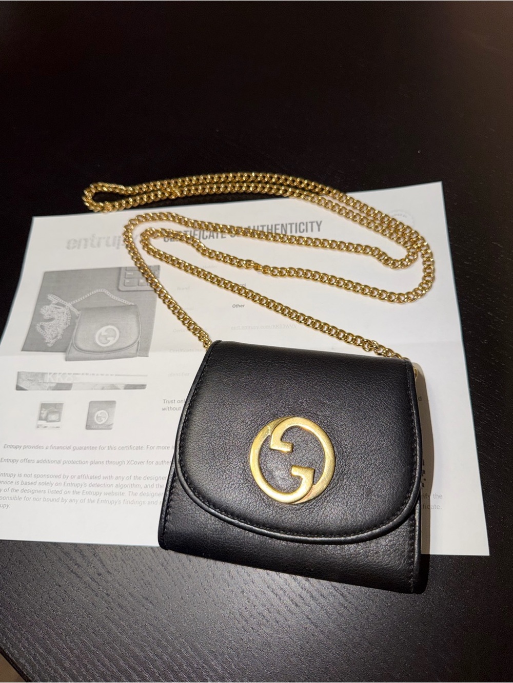 Gucci Black Leather Mini Crossbody with Gold Chain and Interlocking G